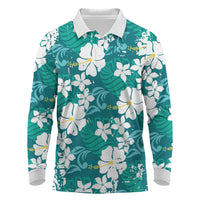 Teal Hawaiian Hibiscus Monstera Long Sleeve Polo Shirt Grunge Stylized LT01 Teal - Polynesian Pride