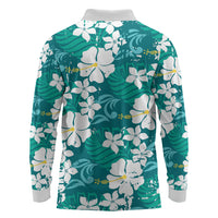 Teal Hawaiian Hibiscus Monstera Long Sleeve Polo Shirt Grunge Stylized LT01 - Polynesian Pride