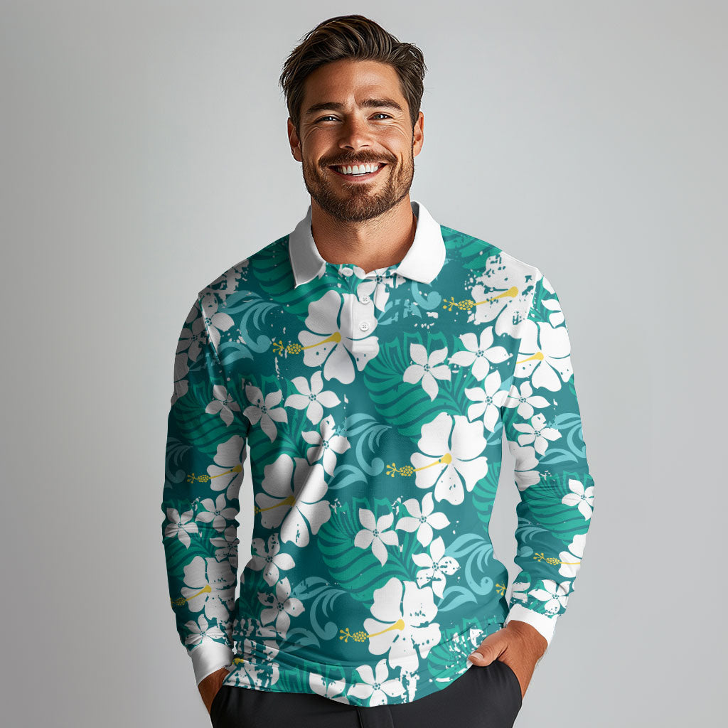 Teal Hawaiian Hibiscus Monstera Long Sleeve Polo Shirt Grunge Stylized LT01 - Polynesian Pride
