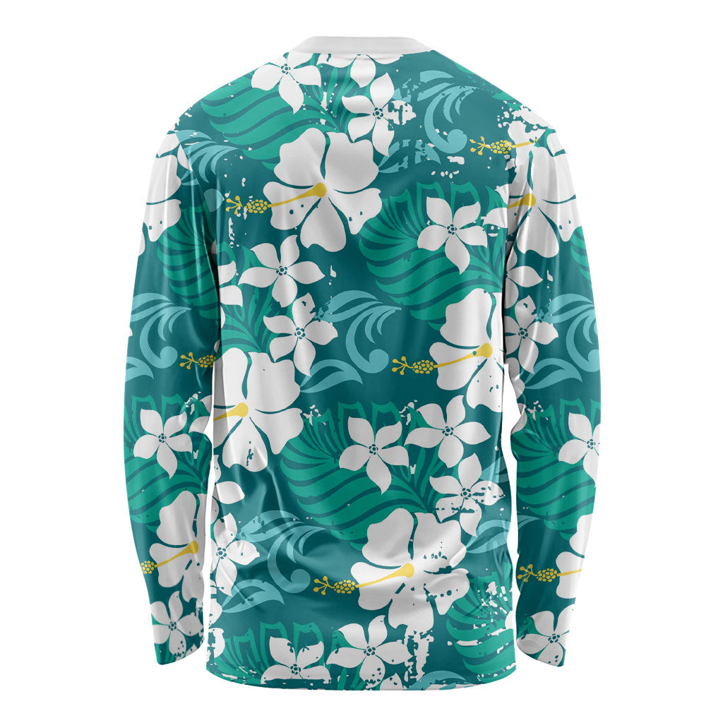 Teal Hawaiian Hibiscus Monstera Long Sleeve Shirt Grunge Stylized LT01 - Polynesian Pride
