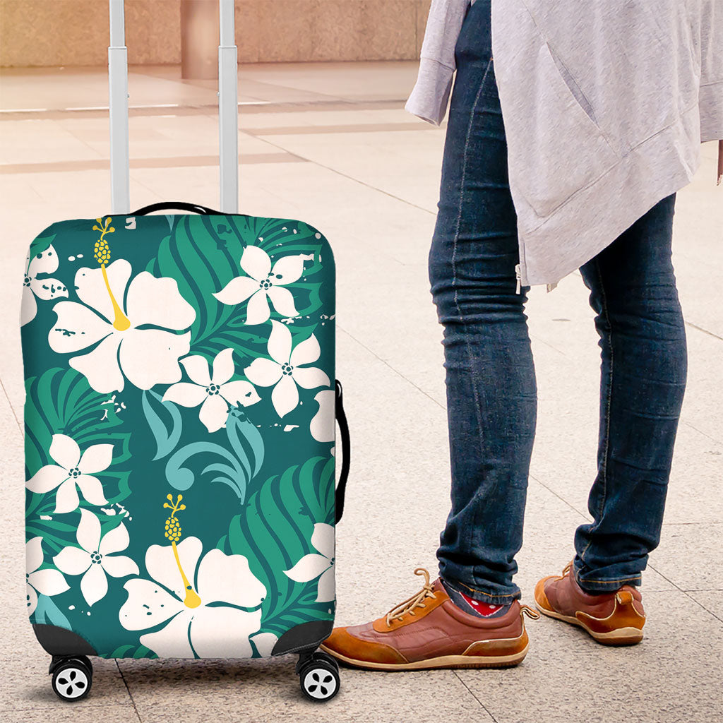 Teal Hawaiian Hibiscus Monstera Luggage Cover Grunge Stylized