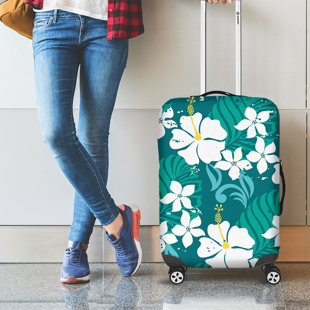 Teal Hawaiian Hibiscus Monstera Luggage Cover Grunge Stylized LT01 - Polynesian Pride