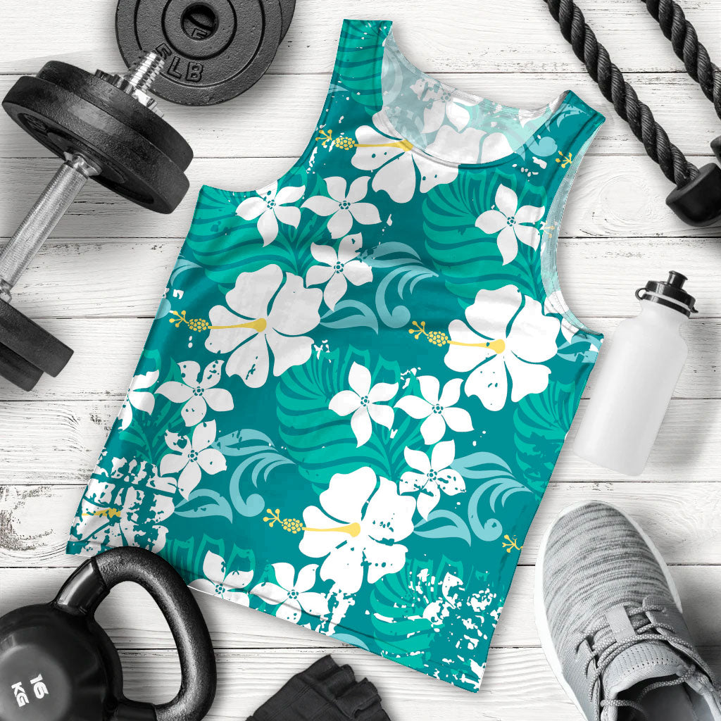 Teal Hawaiian Hibiscus Monstera Men Tank Top Grunge Stylized
