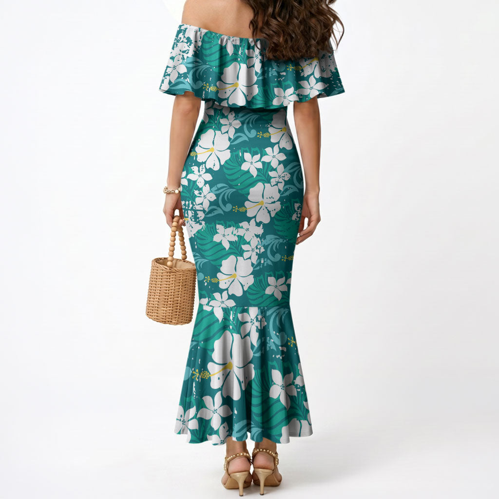 Teal Hawaiian Hibiscus Monstera Mermaid Dress Grunge Stylized LT01 - Polynesian Pride