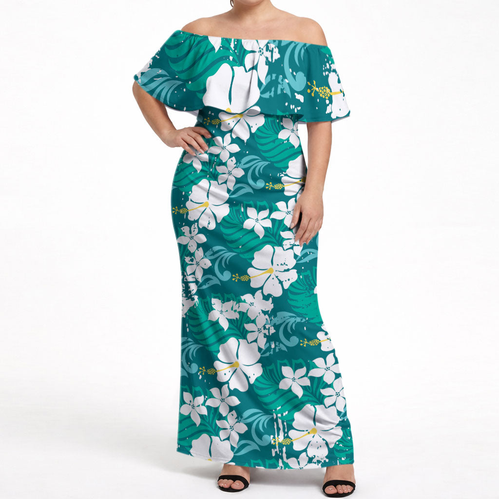 Teal Hawaiian Hibiscus Monstera Off Shoulder Maxi Dress Grunge Stylized