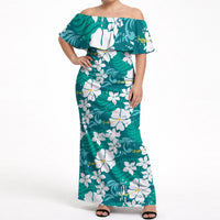 Teal Hawaiian Hibiscus Monstera Off Shoulder Maxi Dress Grunge Stylized