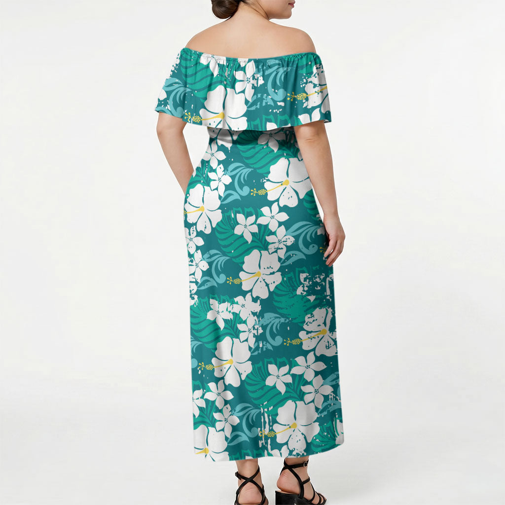 Teal Hawaiian Hibiscus Monstera Off Shoulder Maxi Dress Grunge Stylized