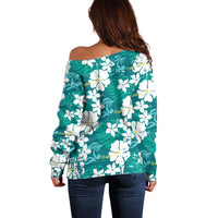 Teal Hawaiian Hibiscus Monstera Off Shoulder Sweater Grunge Stylized