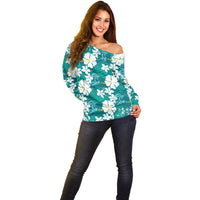 Teal Hawaiian Hibiscus Monstera Off Shoulder Sweater Grunge Stylized