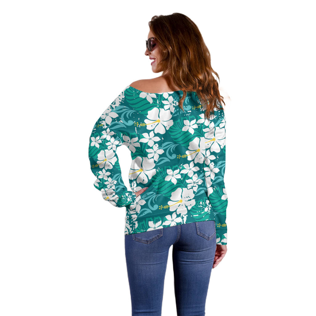 Teal Hawaiian Hibiscus Monstera Off Shoulder Sweater Grunge Stylized