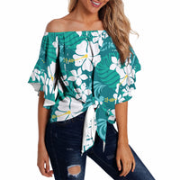Teal Hawaiian Hibiscus Monstera Off Shoulder Wrap Waist Top Grunge Stylized LT01 Teal - Polynesian Pride