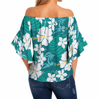 Teal Hawaiian Hibiscus Monstera Off Shoulder Wrap Waist Top Grunge Stylized LT01 - Polynesian Pride