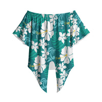 Teal Hawaiian Hibiscus Monstera Off Shoulder Wrap Waist Top Grunge Stylized LT01 - Polynesian Pride