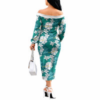 Teal Hawaiian Hibiscus Monstera Off The Shoulder Long Sleeve Dress Grunge Stylized LT01 - Polynesian Pride
