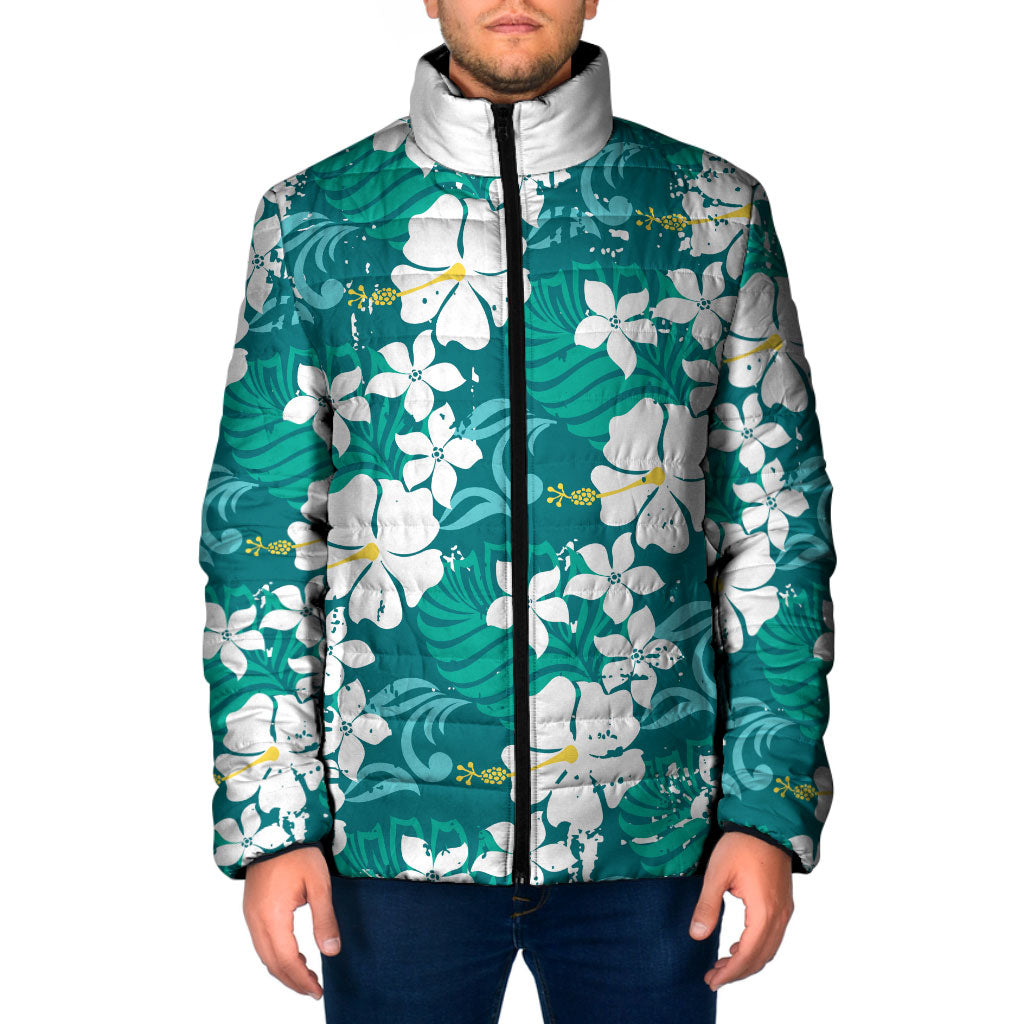 Teal Hawaiian Hibiscus Monstera Padded Jacket Grunge Stylized LT01 Men Teal - Polynesian Pride