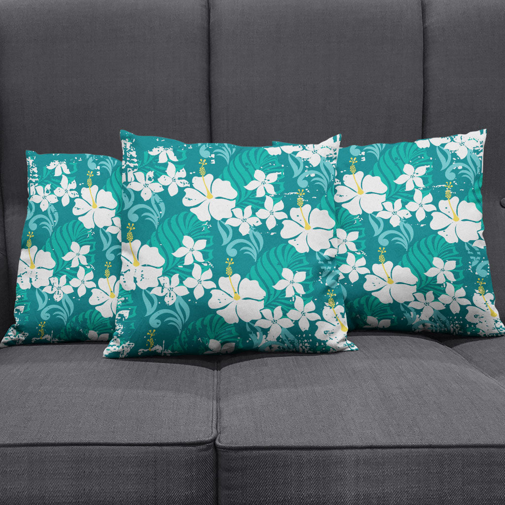Teal Hawaiian Hibiscus Monstera Pillow Cover Grunge Stylized LT01 - Polynesian Pride