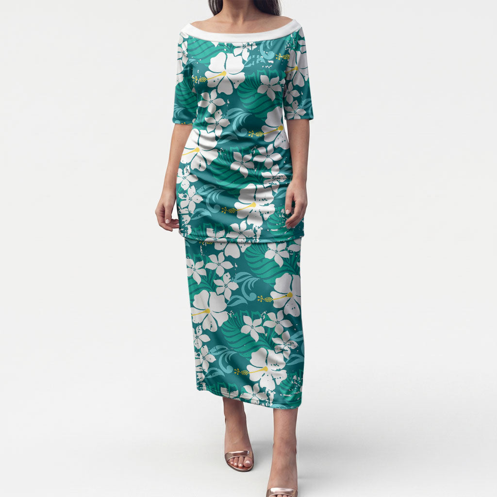 Teal Hawaiian Hibiscus Monstera Puletasi Grunge Stylized LT01 Long Dress Teal - Polynesian Pride