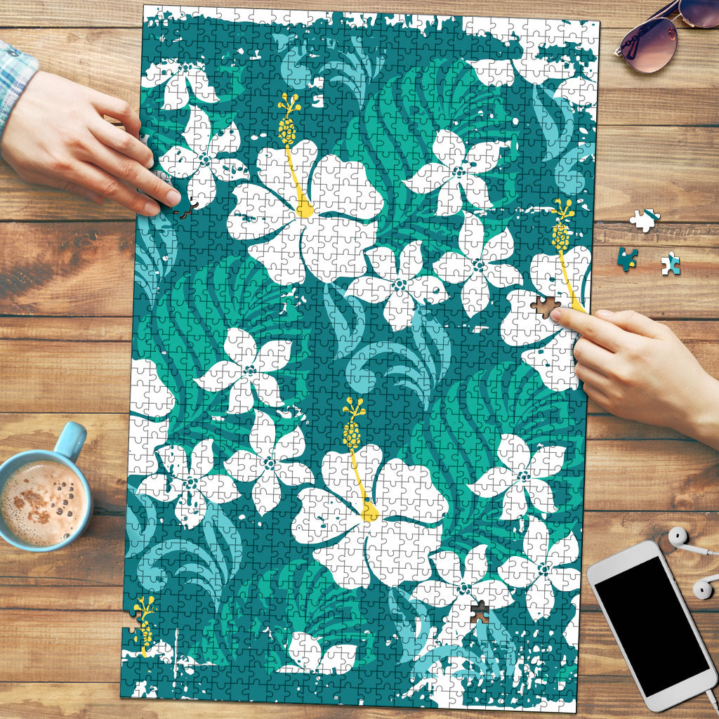 Teal Hawaiian Hibiscus Monstera Puzzle Grunge Stylized LT01 Teal - Polynesian Pride