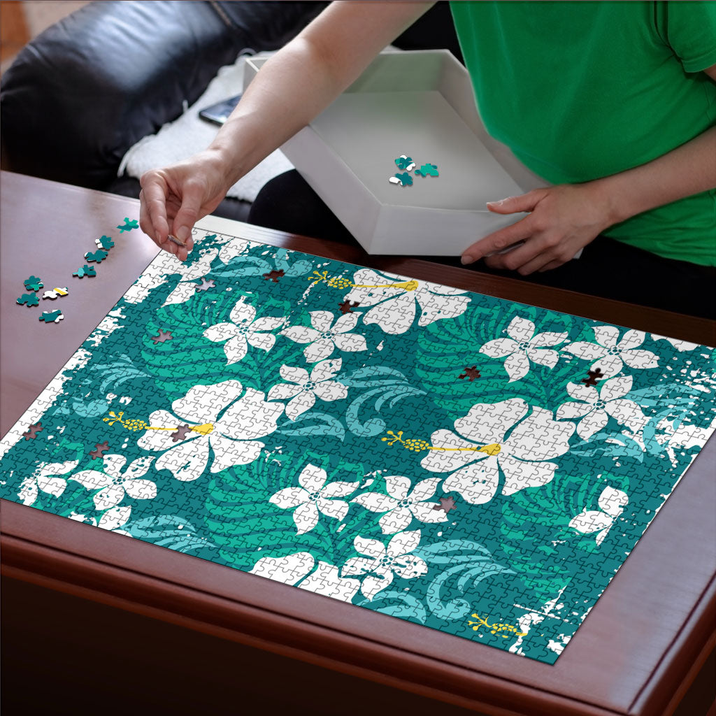 Teal Hawaiian Hibiscus Monstera Puzzle Grunge Stylized LT01 - Polynesian Pride