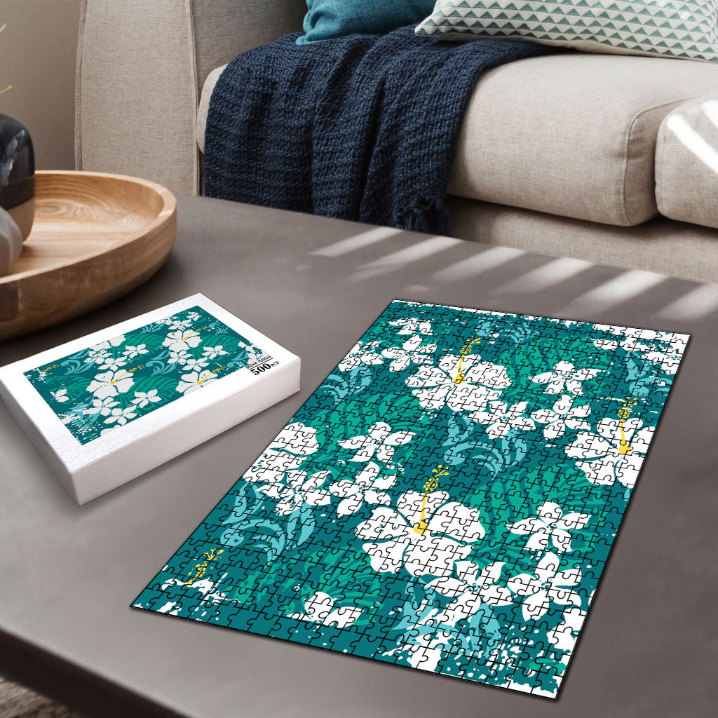 Teal Hawaiian Hibiscus Monstera Puzzle Grunge Stylized LT01 - Polynesian Pride