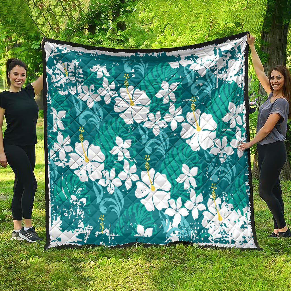 Teal Hawaiian Hibiscus Monstera Quilt Grunge Stylized