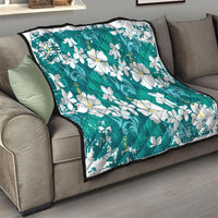 Teal Hawaiian Hibiscus Monstera Quilt Grunge Stylized