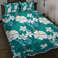 Teal Hawaiian Hibiscus Monstera Quilt Bed Set Grunge Stylized