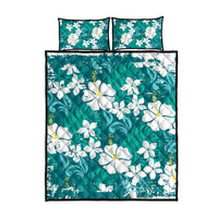 Teal Hawaiian Hibiscus Monstera Quilt Bed Set Grunge Stylized