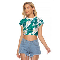 Teal Hawaiian Hibiscus Monstera Raglan Cropped T Shirt Grunge Stylized LT01 Female Teal - Polynesian Pride