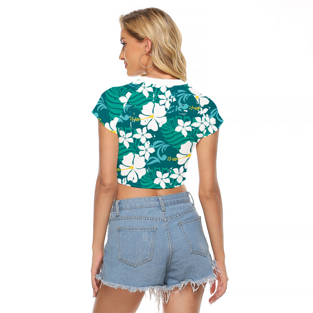 Teal Hawaiian Hibiscus Monstera Raglan Cropped T Shirt Grunge Stylized LT01 - Polynesian Pride