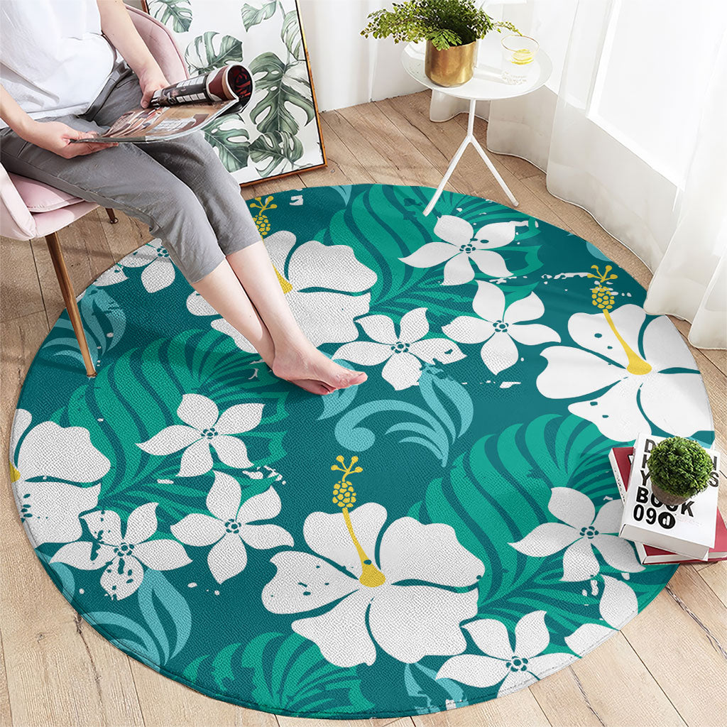 Teal Hawaiian Hibiscus Monstera Round Carpet Grunge Stylized