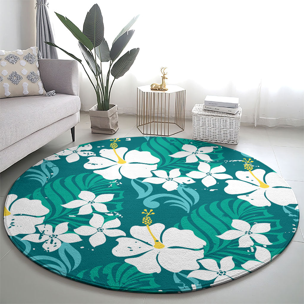 Teal Hawaiian Hibiscus Monstera Round Carpet Grunge Stylized
