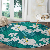 Teal Hawaiian Hibiscus Monstera Round Carpet Grunge Stylized