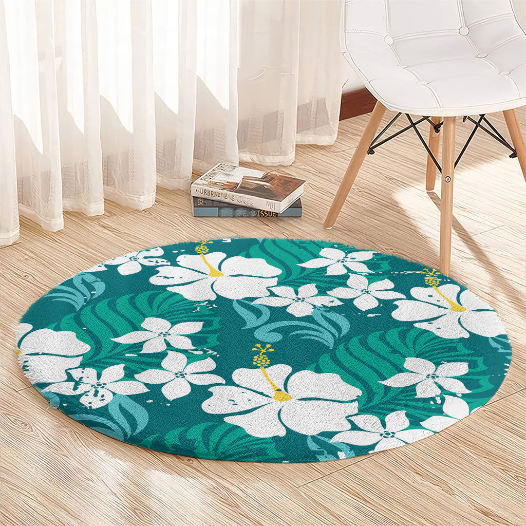 Teal Hawaiian Hibiscus Monstera Round Carpet Grunge Stylized