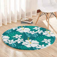 Teal Hawaiian Hibiscus Monstera Round Carpet Grunge Stylized