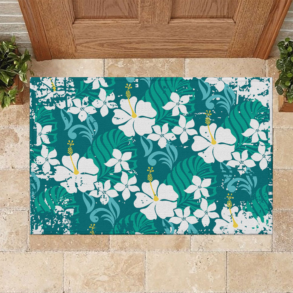 Teal Hawaiian Hibiscus Monstera Rubber Doormat Grunge Stylized