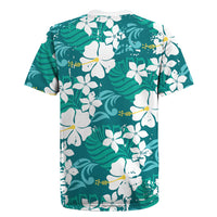 Teal Hawaiian Hibiscus Monstera Rugby Jersey Grunge Stylized