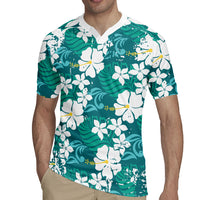 Teal Hawaiian Hibiscus Monstera Rugby Jersey Grunge Stylized
