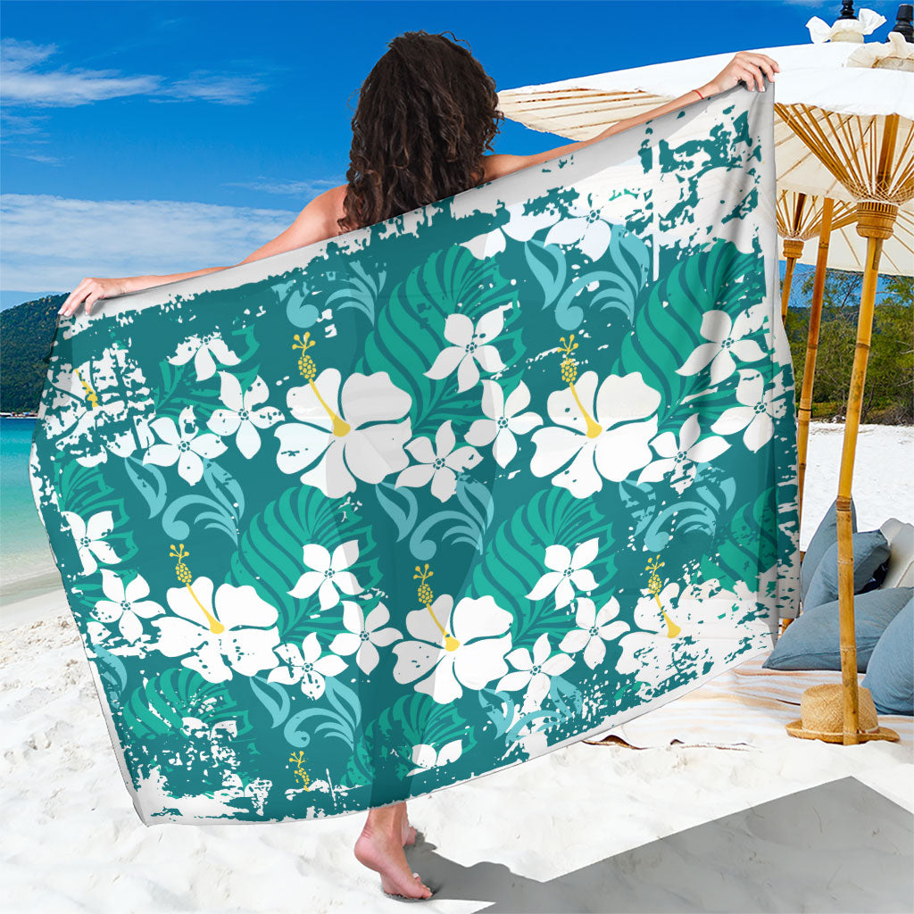 Teal Hawaiian Hibiscus Monstera Sarong Grunge Stylized