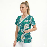 Teal Hawaiian Hibiscus Monstera Scrub Top Grunge Stylized