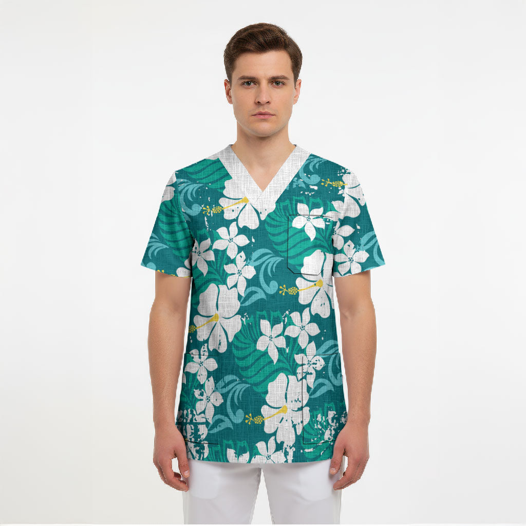 Teal Hawaiian Hibiscus Monstera Scrub Top Grunge Stylized