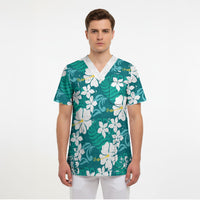 Teal Hawaiian Hibiscus Monstera Scrub Top Grunge Stylized