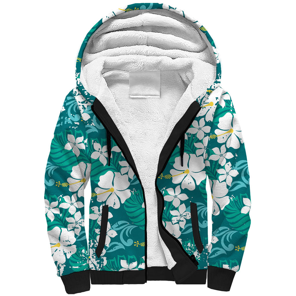 Teal Hawaiian Hibiscus Monstera Sherpa Hoodie Grunge Stylized LT01 Unisex Teal - Polynesian Pride