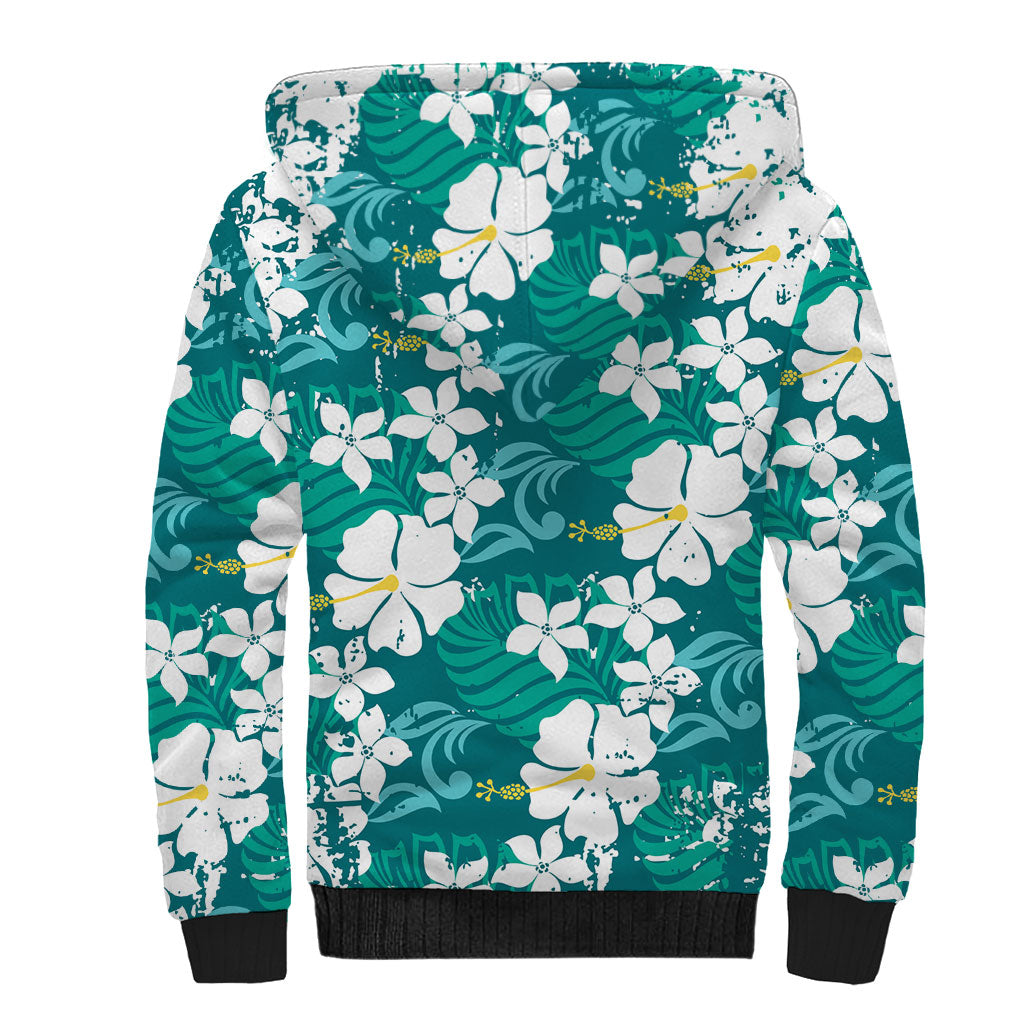 Teal Hawaiian Hibiscus Monstera Sherpa Hoodie Grunge Stylized