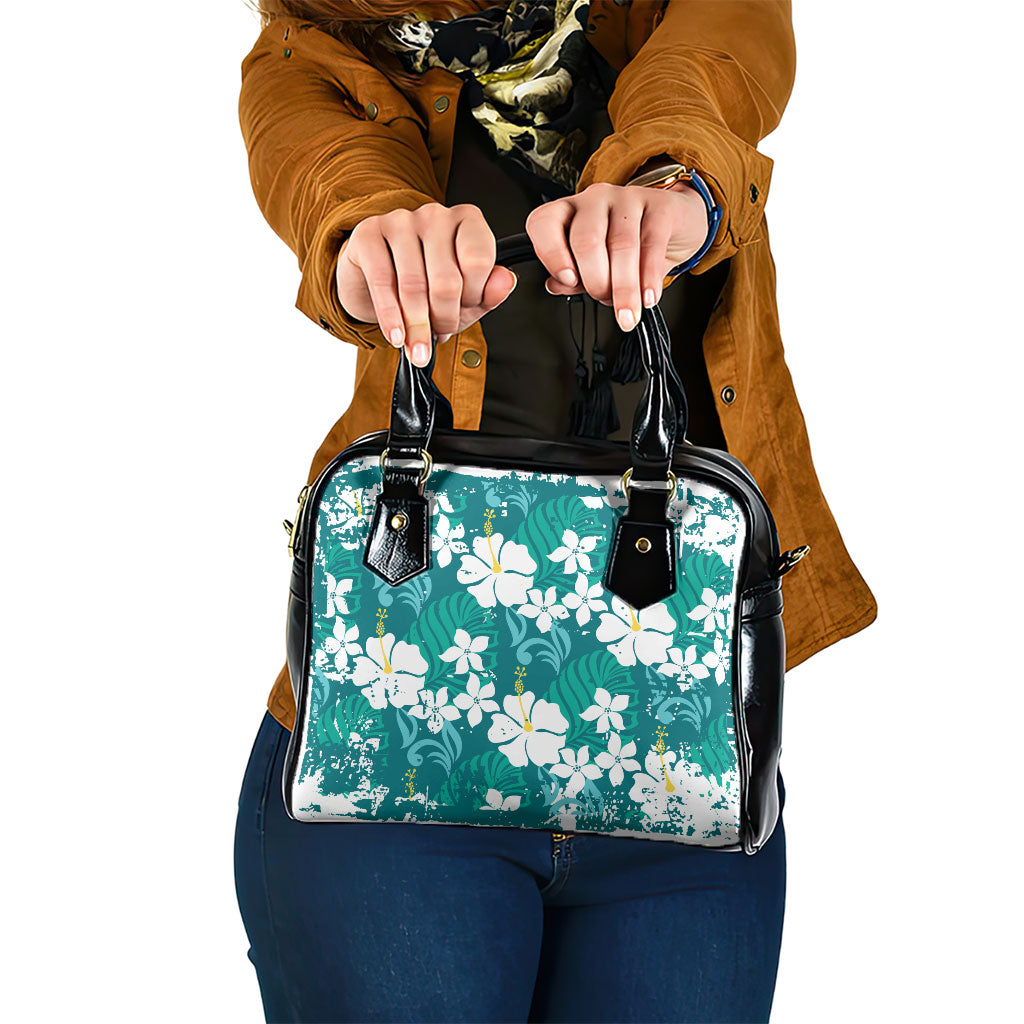 Teal Hawaiian Hibiscus Monstera Shoulder Handbag Grunge Stylized