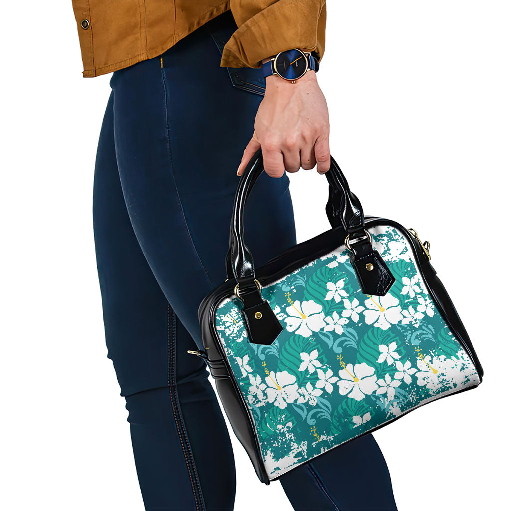 Teal Hawaiian Hibiscus Monstera Shoulder Handbag Grunge Stylized