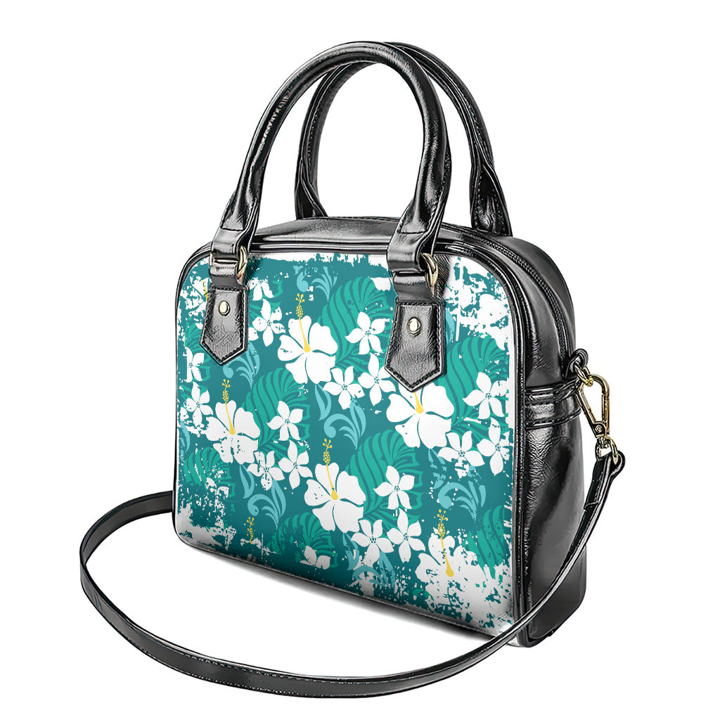 Teal Hawaiian Hibiscus Monstera Shoulder Handbag Grunge Stylized