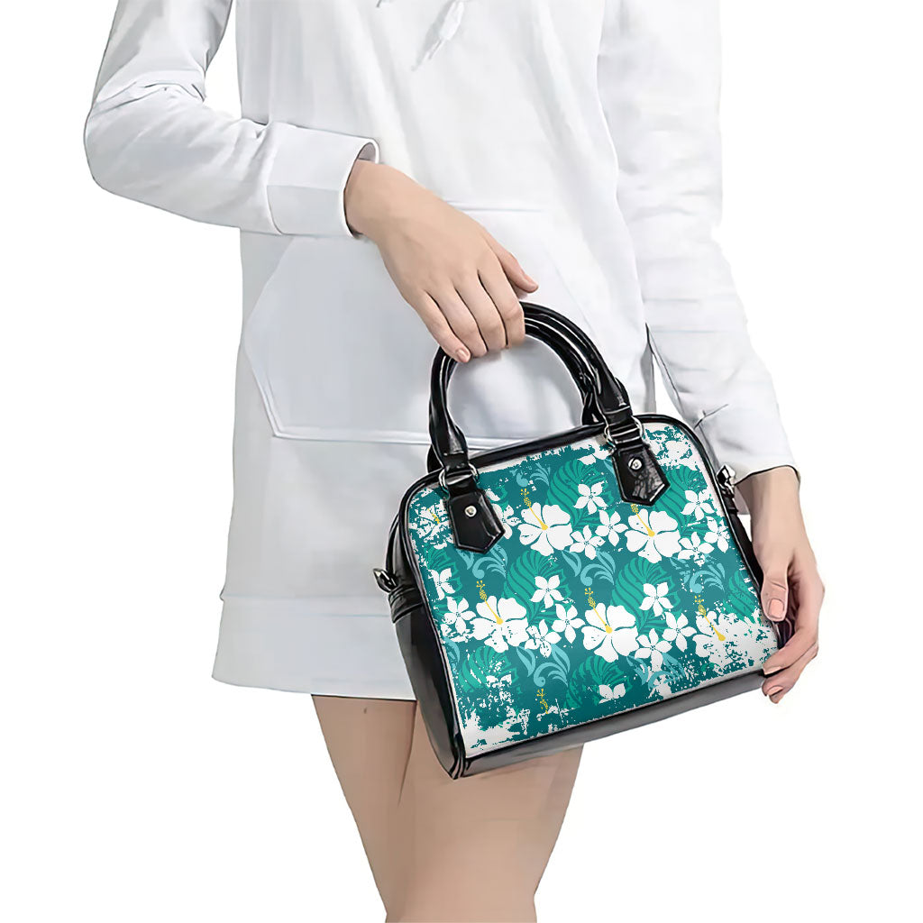 Teal Hawaiian Hibiscus Monstera Shoulder Handbag Grunge Stylized