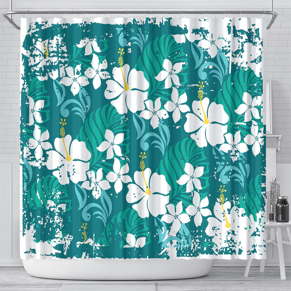 Teal Hawaiian Hibiscus Monstera Shower Curtain Grunge Stylized LT01 - Polynesian Pride
