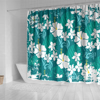 Teal Hawaiian Hibiscus Monstera Shower Curtain Grunge Stylized LT01 - Polynesian Pride